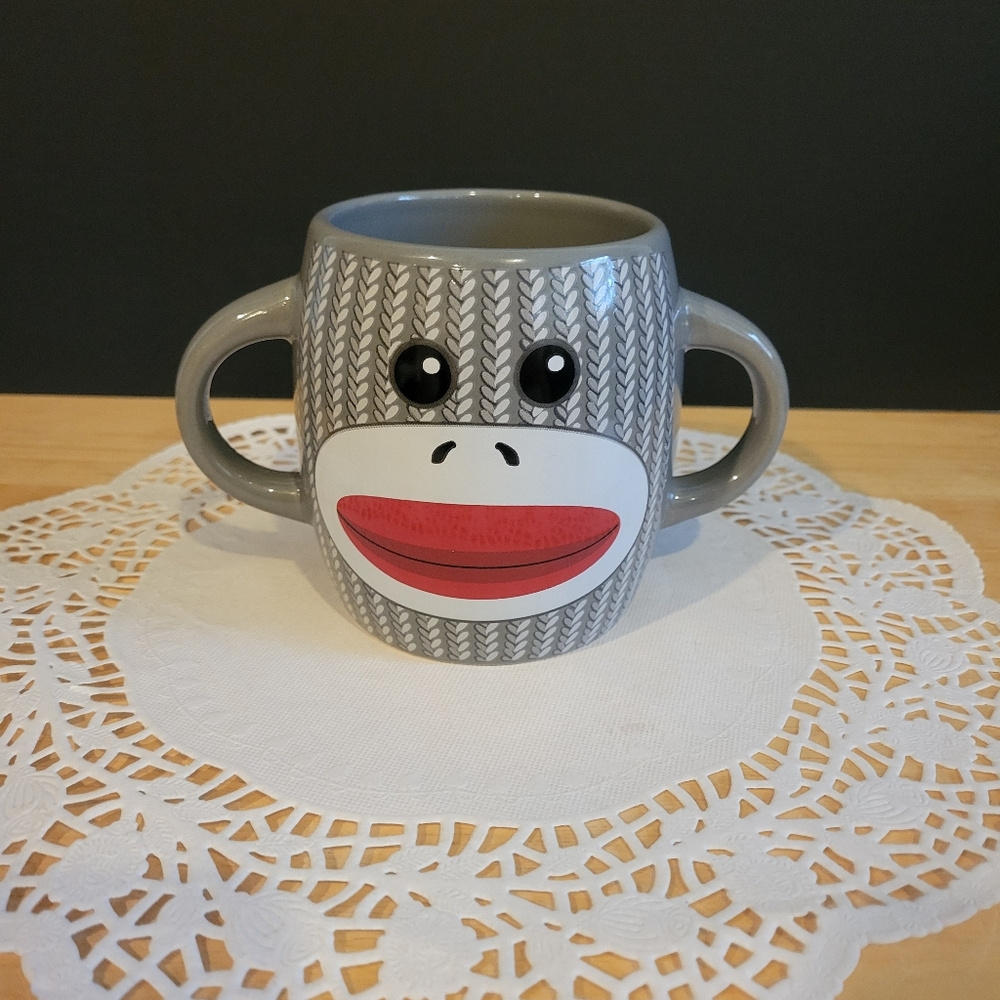 Galerie Double-Sided Gray Sock Monkey Ceramic Coffee Mug w/ Twin Handles